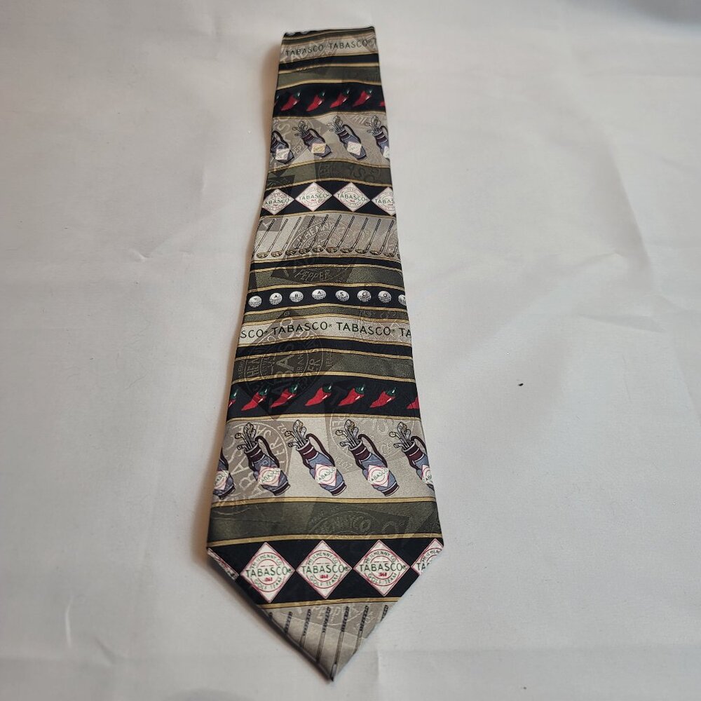 Tabasco Hot Sauce Men's Silk Tie Golf Themed Gray Green Golf Clubs Chili Peppers